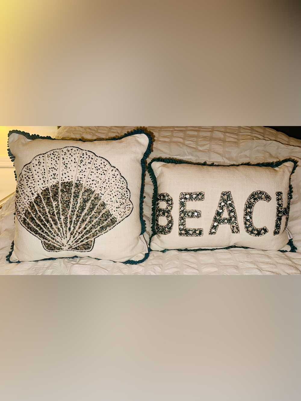 Coastal Collection Teal-Trimmed Beaded Accent Pillow Set